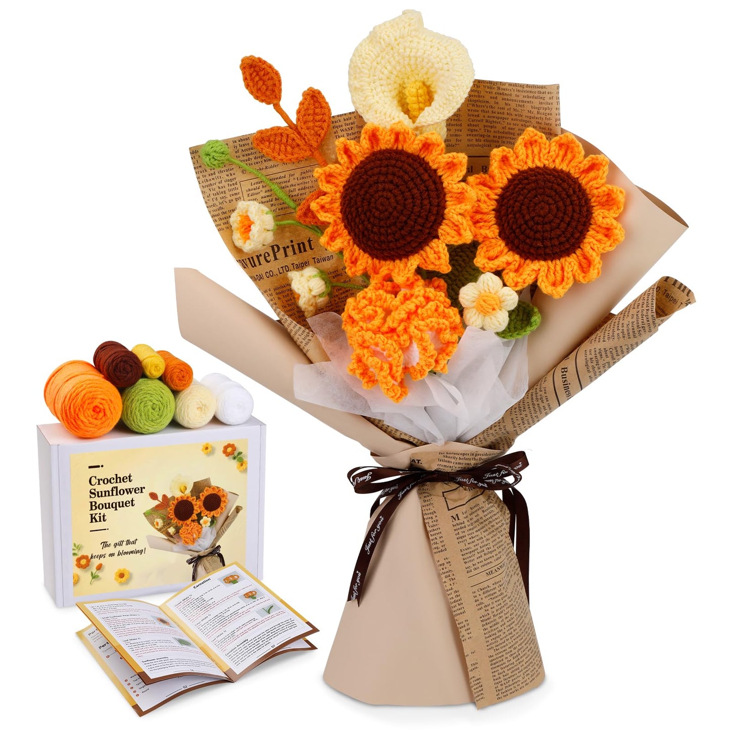 ENCHOL Crochet Kit for Beginners Adults, Beginner Crochet Kit, Sunflower Bouquet Crochet Kit, Complete Flower Crochet Kits for Starters with