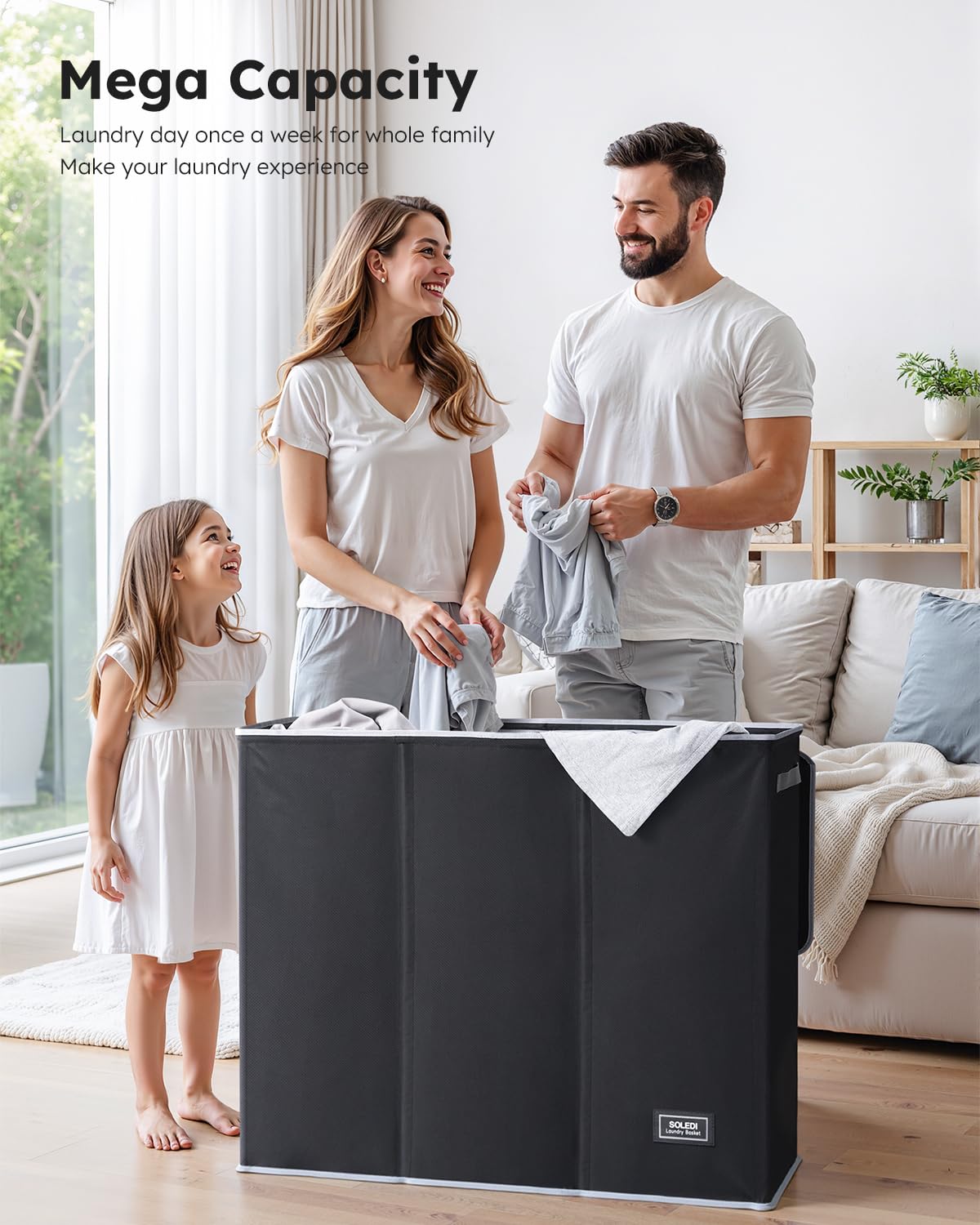 SOLEDI 160L 3 Section Washing Basket with Lid, Dirty Clothes Hamper and Laundry Bags, Large Hamper Organizer for Laundry Room, Bedroom, Black