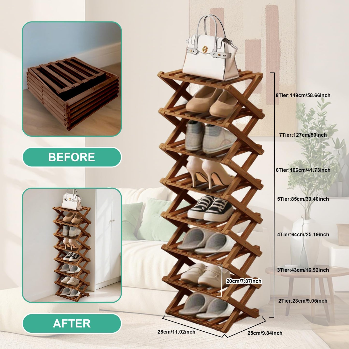 XUDREZ Wooden Folding Shoe Rack, Space Saving Bamboo Storage Organiser, Without Installation Narrow Shoe Stand for Small Spaces and Corners