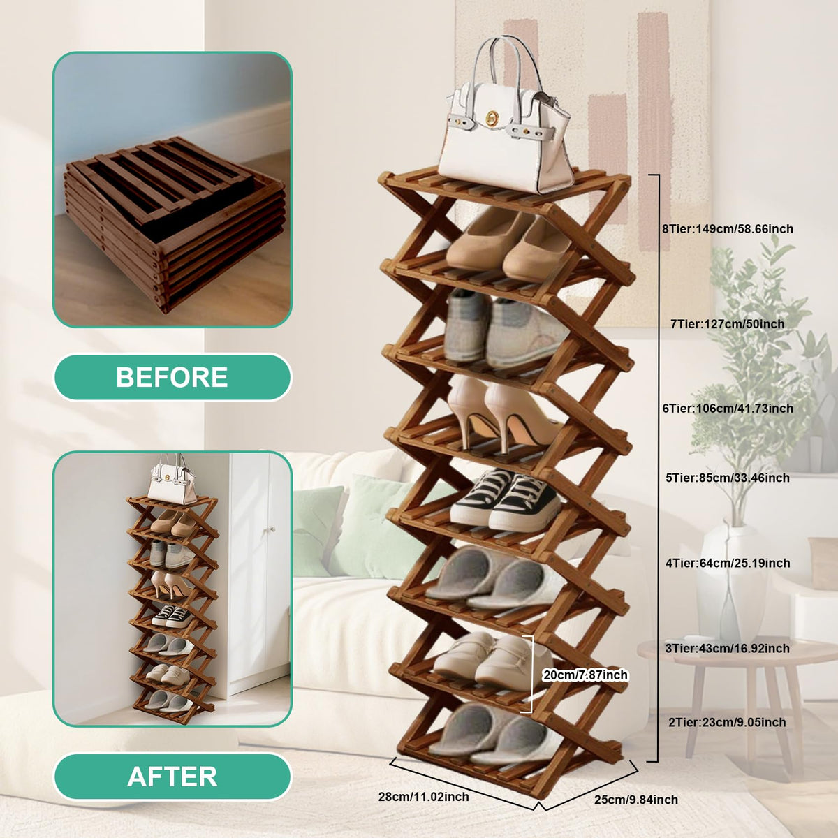 XUDREZ Wooden Folding Shoe Rack, Space Saving Bamboo Storage Organiser, Without Installation Narrow Shoe Stand for Small Spaces and Corners