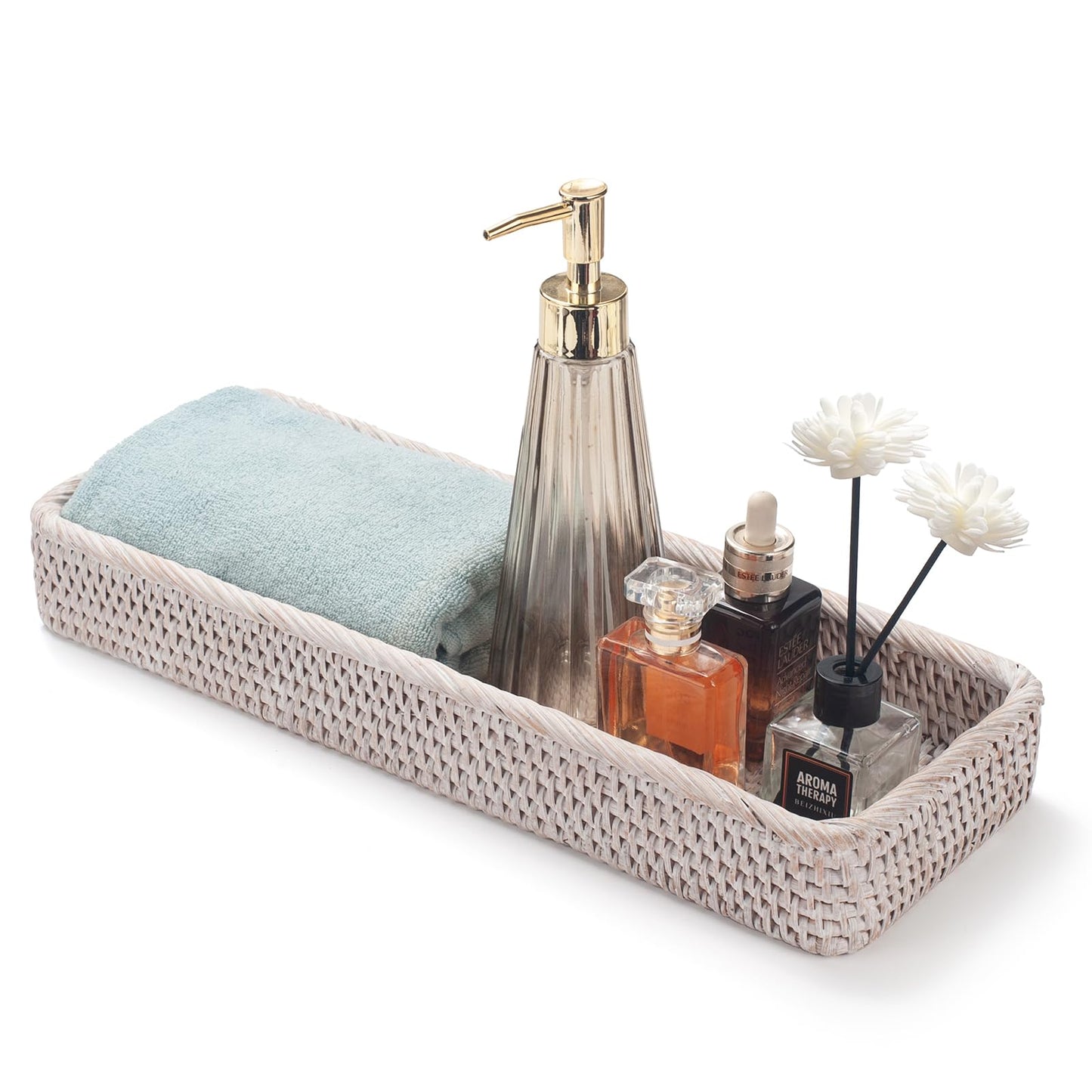 Rattan Bathroom Vanity Tray, Toilet Tank Basket Tray for Paper Hand Towel, Bathroom Counter Tray for Organizing and Decor (Whitewash, 41.5 x 15.5 x 5