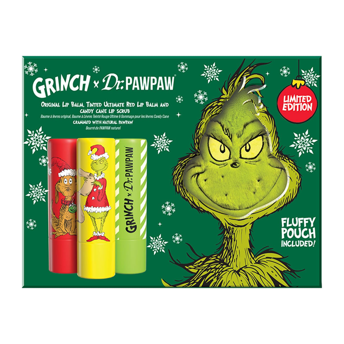 Dr.PAWPAW x The Grinch Ultimate Red, Candy Cane Lip Scrub & Original Balm Gift Set (3 x 4g) + Pouch, Exfoliating & Hydrating Lip Care Trio, Nourishing
