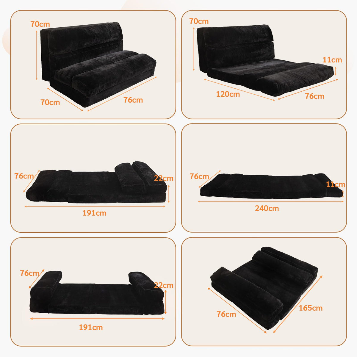 MAXYOYO Bean Bag Bed Folding Sofa Bed Mattress for Adults, Extra Thick 6 Fold Floor Couch for Bedroom Living Room, Black, 75x240 cm