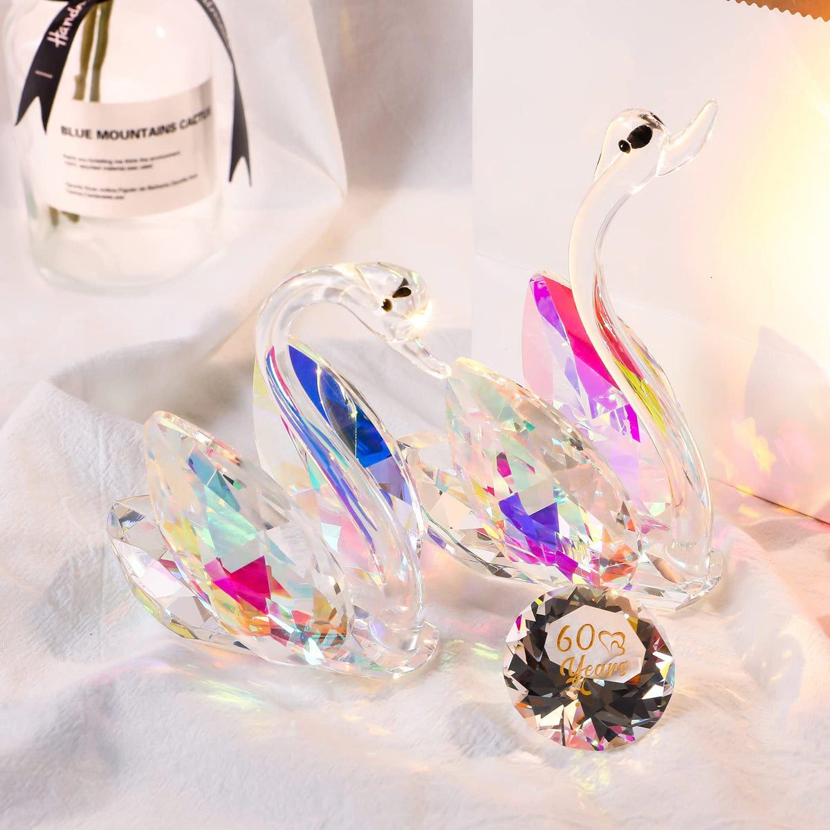 Set of 2 Crystal Colorful Swans 60th Wedding Anniversary Diamond Gifts for Couples, 60 Years Marriage Glass Figurines Collectibles 60th Anniversary