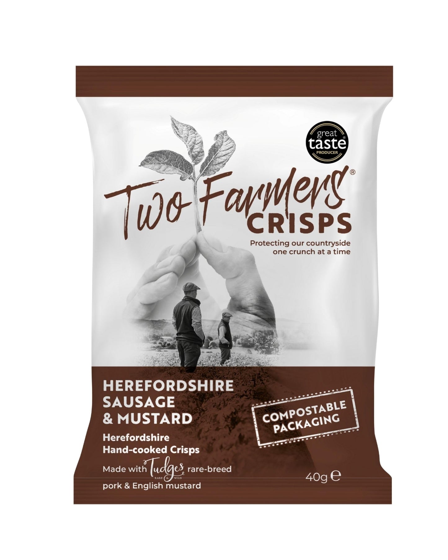 Two Farmers Crisps, Herefordshire Sausage & Mustard Hand Cooked Crisps, Gluten Free, 100% Compostable Bags, 24 x 40g