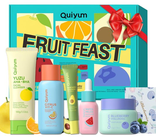 Quiyum Fruit Skincare Set, Face Care Kit for All Skin with Cleanser, Toner, Serum, Eye Cream & Moisturiser, Hydrating, Pore Refining & Radiance