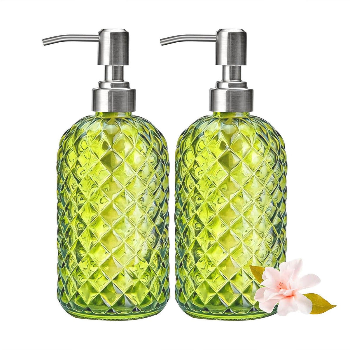 2Pcs Glass Soap Dispenser Green - 350ml/ 16 Oz Hand Soap Dispenser with Rustproof Stainless Steel Pump Liquid Hand Jar Refillable Glass Bottle for