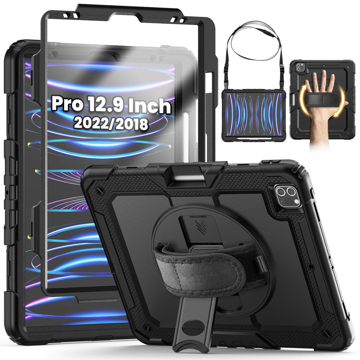 SEYMCY Case for iPad Pro 12.9 Inch 2022/2021/2020/2018 (Pro 6th/5th/4th/3rd), Full-body Shockproof with Screen Protector, 360? Rotating Hand Strap &