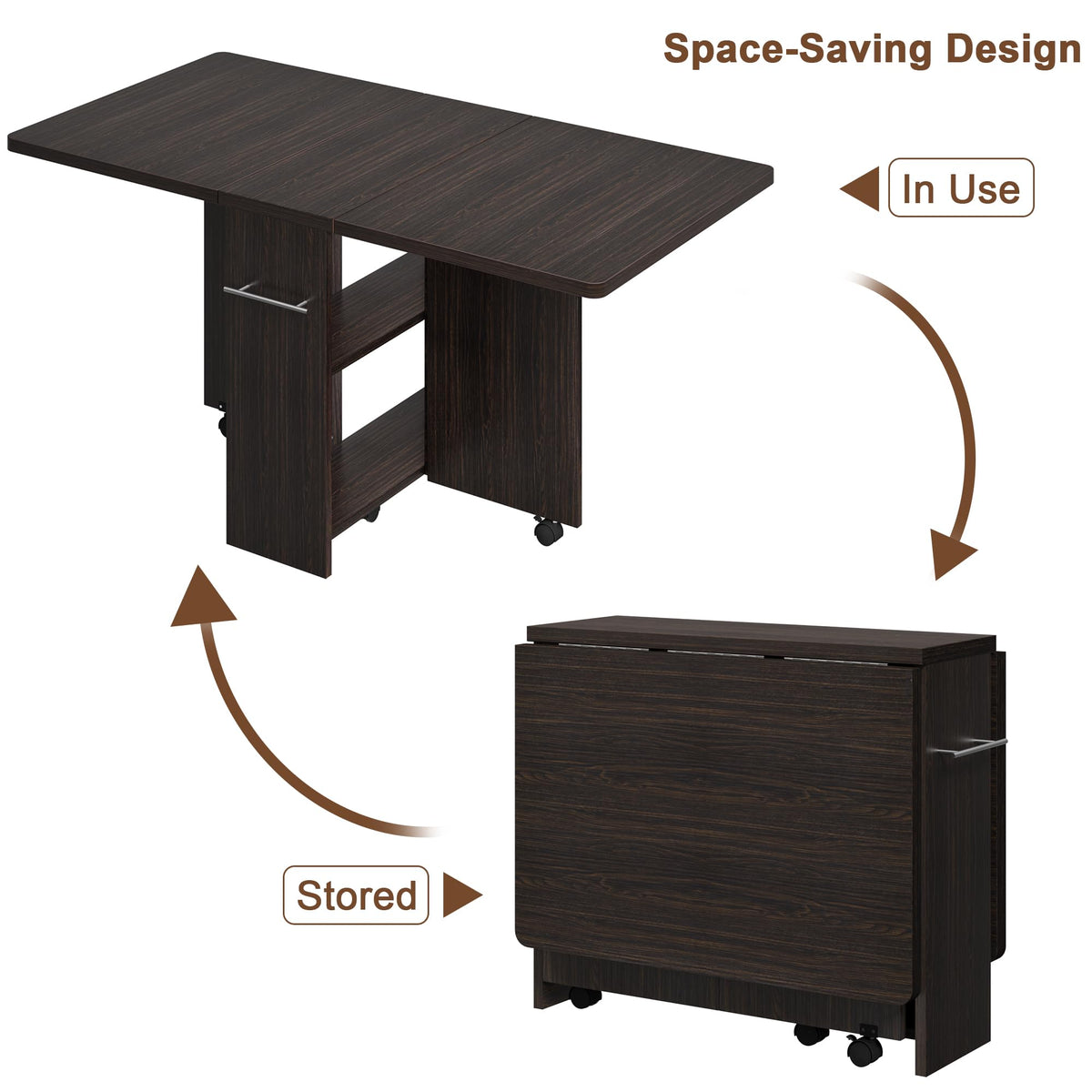 Folding Dining Table with 2 Tier Storage & 6 Wheels, Extendable Drop Leaf, Wood Kitchen Dining Room Tables Set for 4