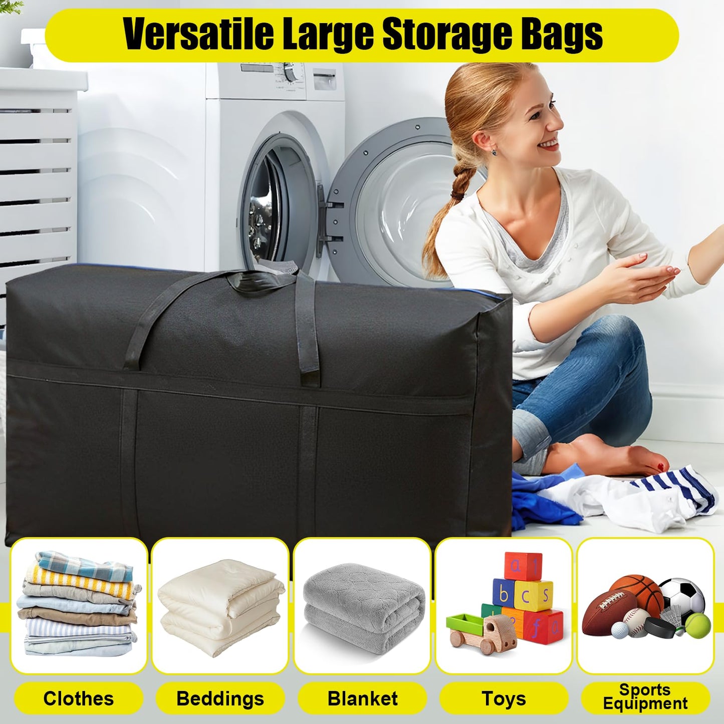 WOPPLXY 4PCS 100L Moving Boxes Large Strong, Black Moving Bags Large Storage Bags with Zip, Heavy Duty Packing Bag for Clothes, Duvet, Blankets