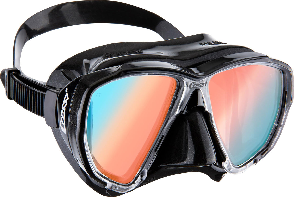 CRESSI Big Eyes Mask Black/Black 380 UV Bluee/Orange Lenses - Single Big Eyes Mask for Diving and Snorkelling, Black/Black 380 UV Bluee/Orange Lenses,