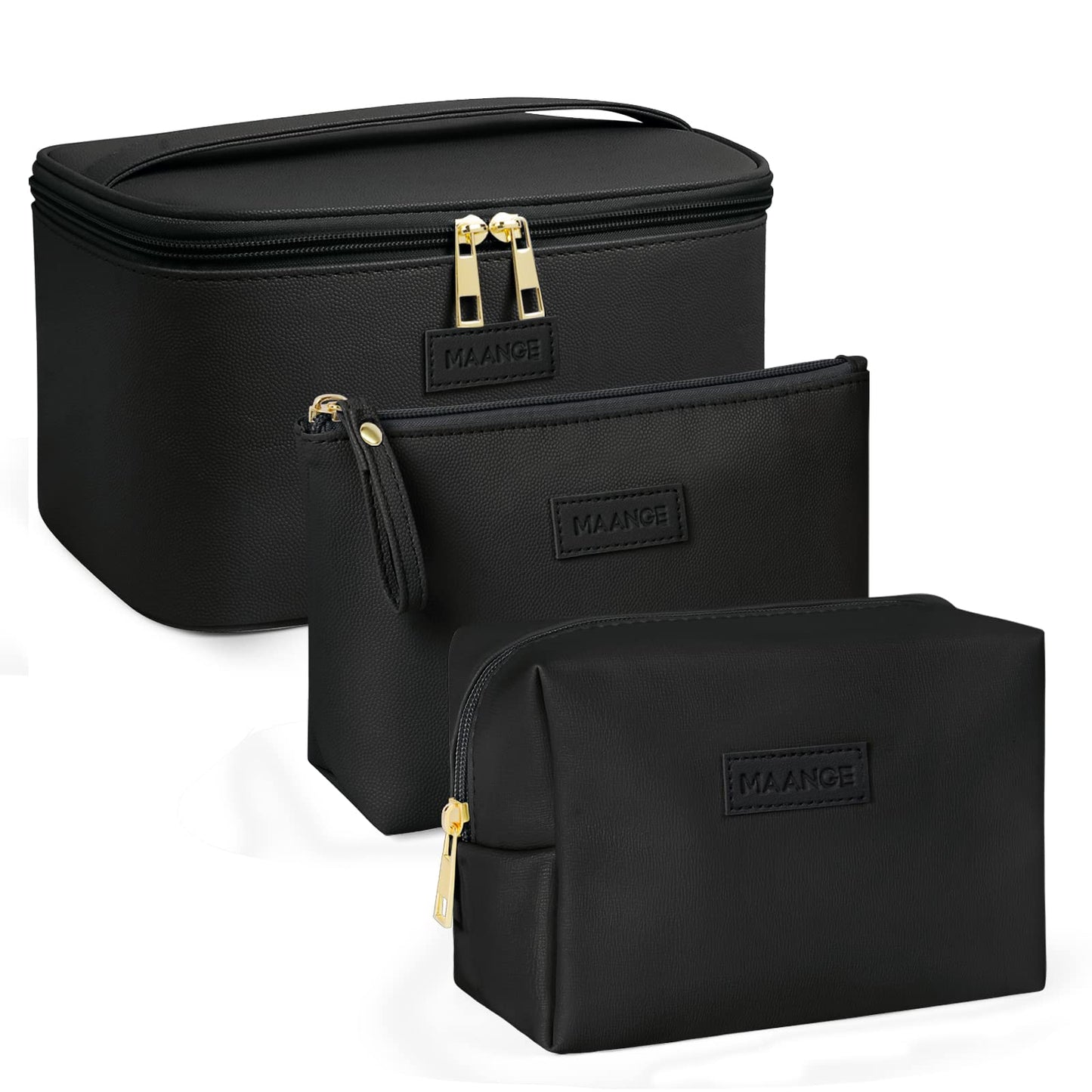 MAANGE 3 Pcs Makeup Bag(L+M+S) Travel Cosmetic Bags with Brush Compartment PU Leather Small Makeup Bag Portable Make Up Bag Versatile Zipper Makeup