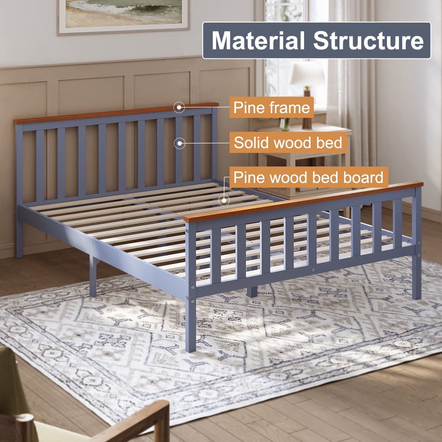 ELEGANT Double Solid Wood Bed Frame with Slatted Headboard 4ft6, 137x190cm