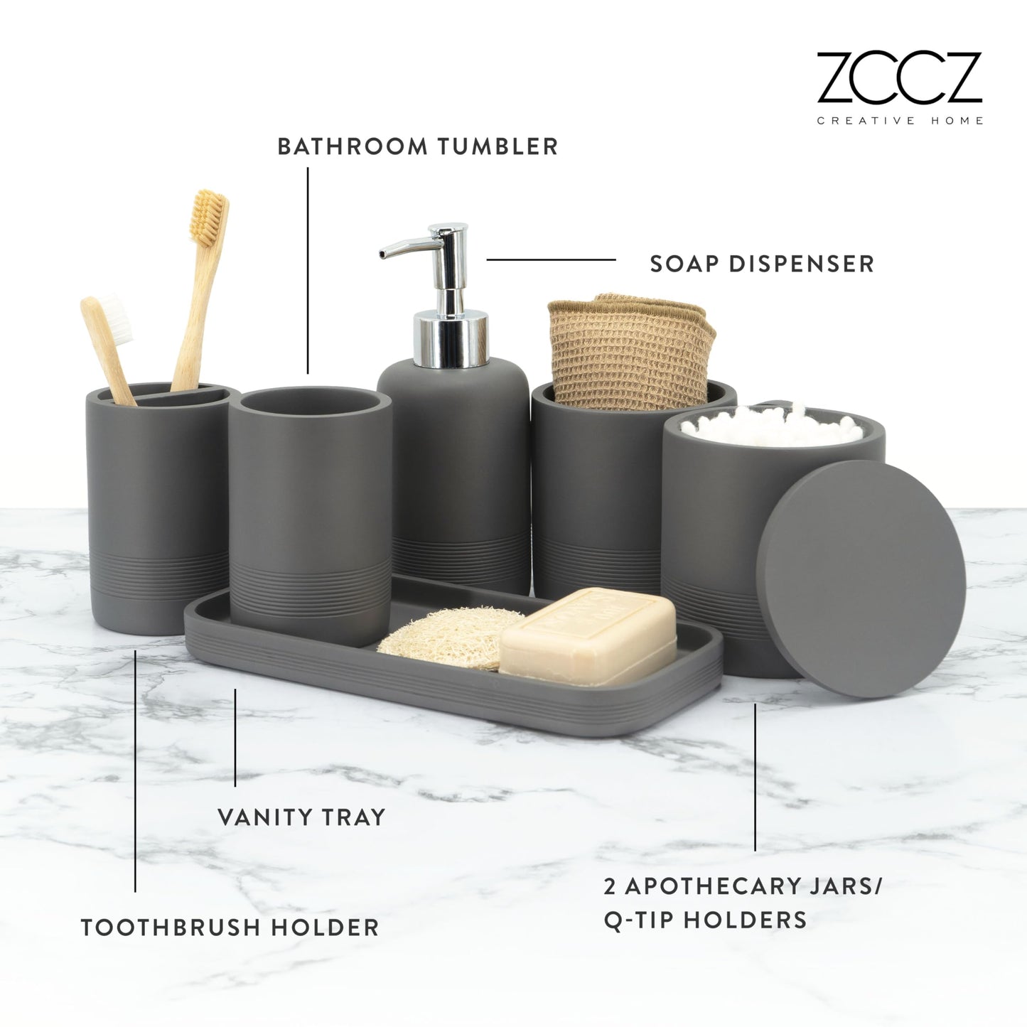zccz- grey Bathroom Accessory Set 6 Pieces - Bathroom Organiser with Tootbrush Holder, Lotion Soap Dispenser, Vanity Tray and 2 Qtip Holders - Modern