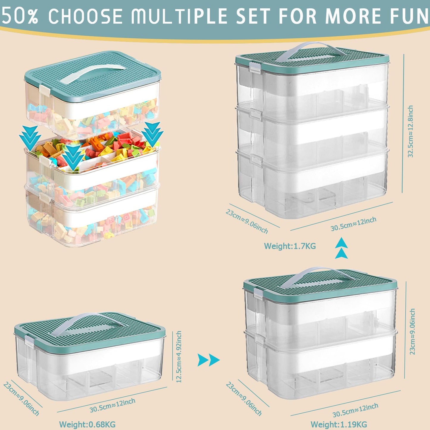 Storage Boxes with Lids for Lego Cube Kids Toy Box 3 Layers Stackable Plastic Drawer Organiser Clear Compartment Craft Containers for Magnetic