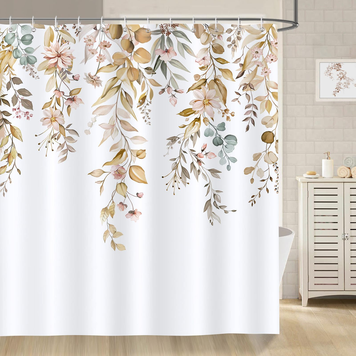 Bonhause Brown Eucalyptus Shower Curtain 180 x 180 cm Fall Watercolor Leaves Floral Plant Bathroom Curtain Waterproof Mildew & Mould Resistant