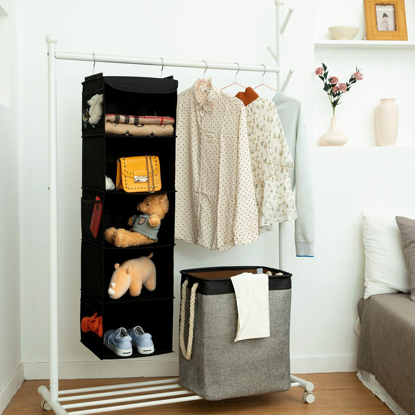 BrilliantJo Hanging Storage with 5 Shelves Set of 2 Wardrobe Closet Organiser, Storage Shelves Unit with 6 Pockets for Clothes