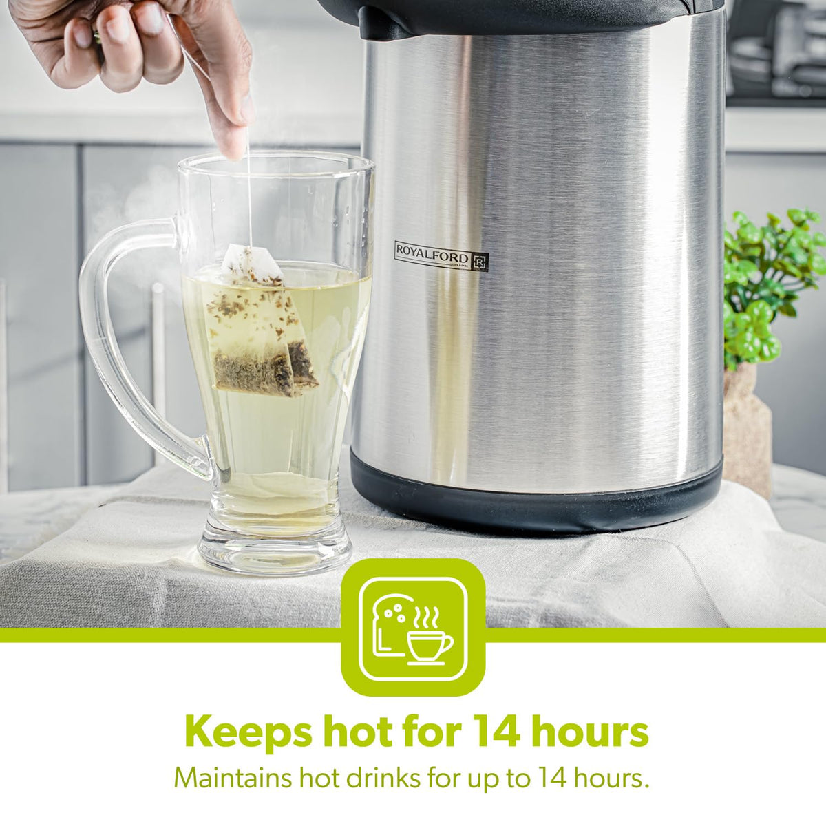 Royalford 5L Stainless Steel Airpot Insulated Vacuum Thermal Flask Jug | Pump Action Airpot Thermal Coffee Flask | Ideal for Hot & Cold Drinks Soup |