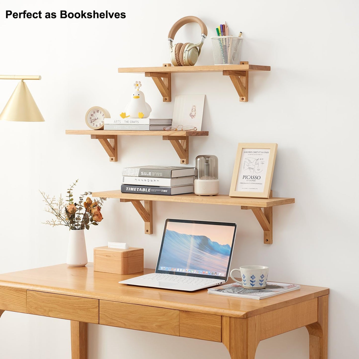 Gieanoo Oak Floating Shelves, Solid Oak wood Wall Shelf Rustic Display Shelf with 2 Triangle Brackets for Bedroom Kitchen Office Farmhouse Storage