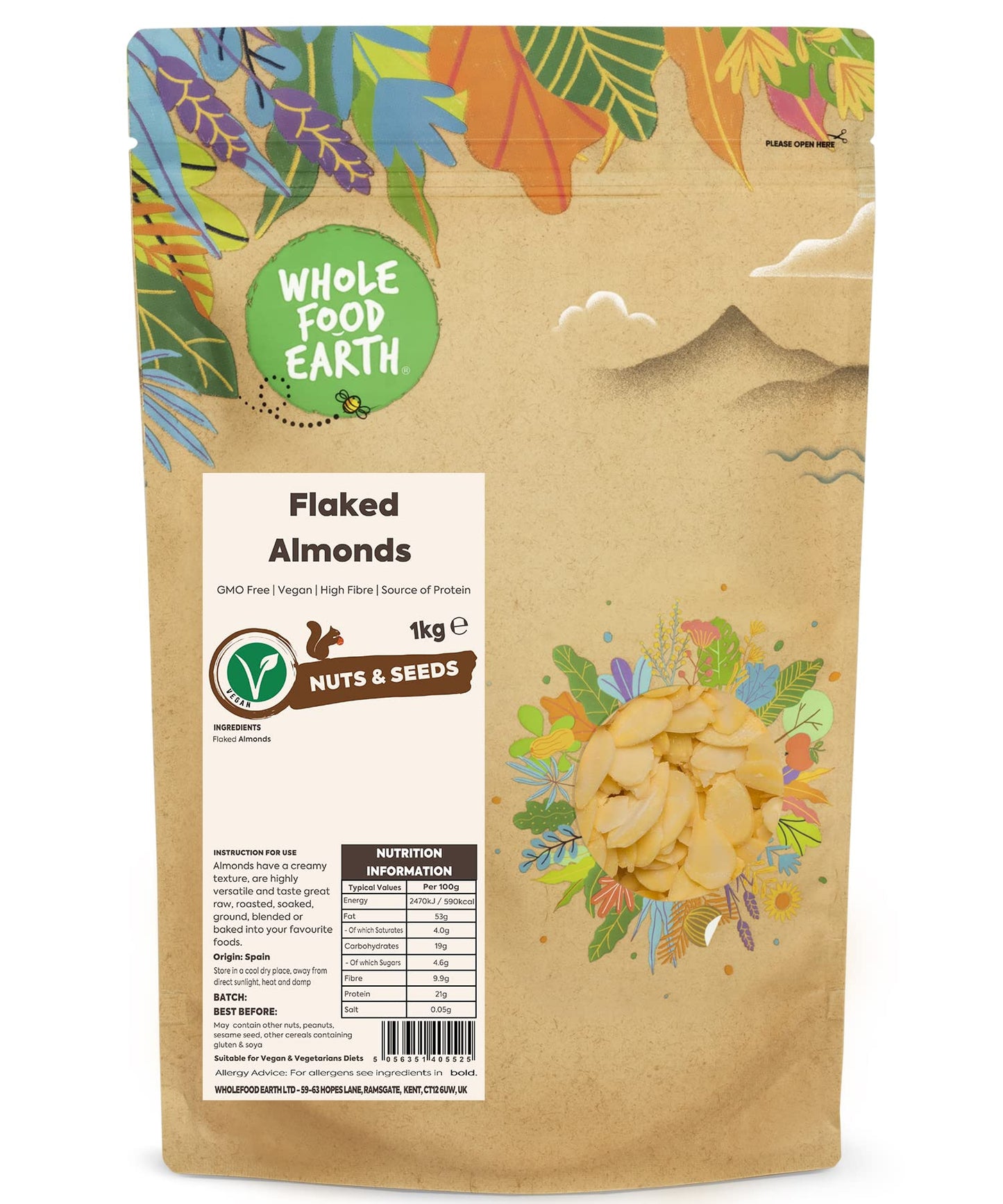 Wholefood Earth Flaked Almonds 1 kg | GMO Free | High Fibre | Source of Protein