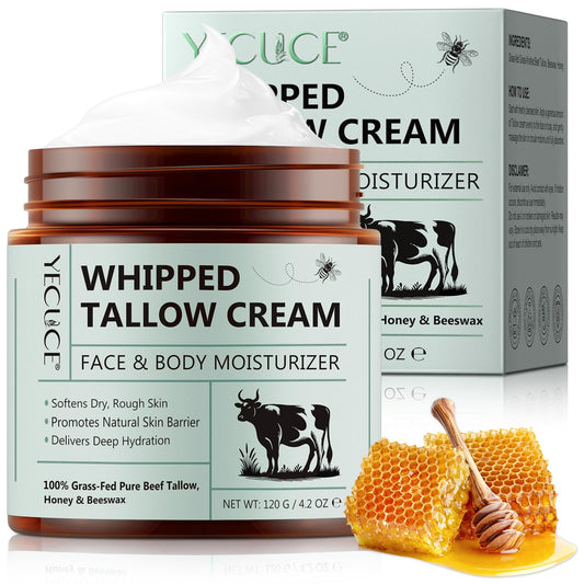 Beef Tallow for Skin Care 120 g, Tallow and Honey Balm, Tallow Face Cream, Tallow Face Moisturizer, Organic Grass-Fed Whipped Tallow Balm with Raw