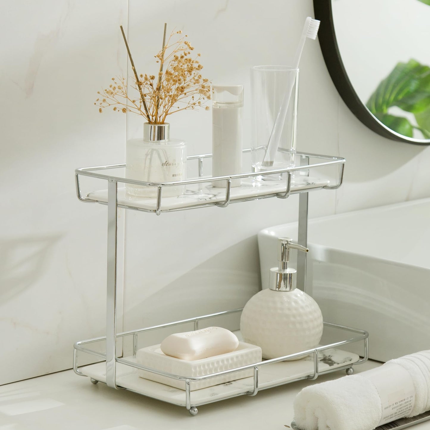 Dobbyby Bathroom Organizer Countertop Perfume Organizer Makeup Organizer Cosmetics Storage Display Rack 2 Tier Vanity Tray Dresser Stainless Steel