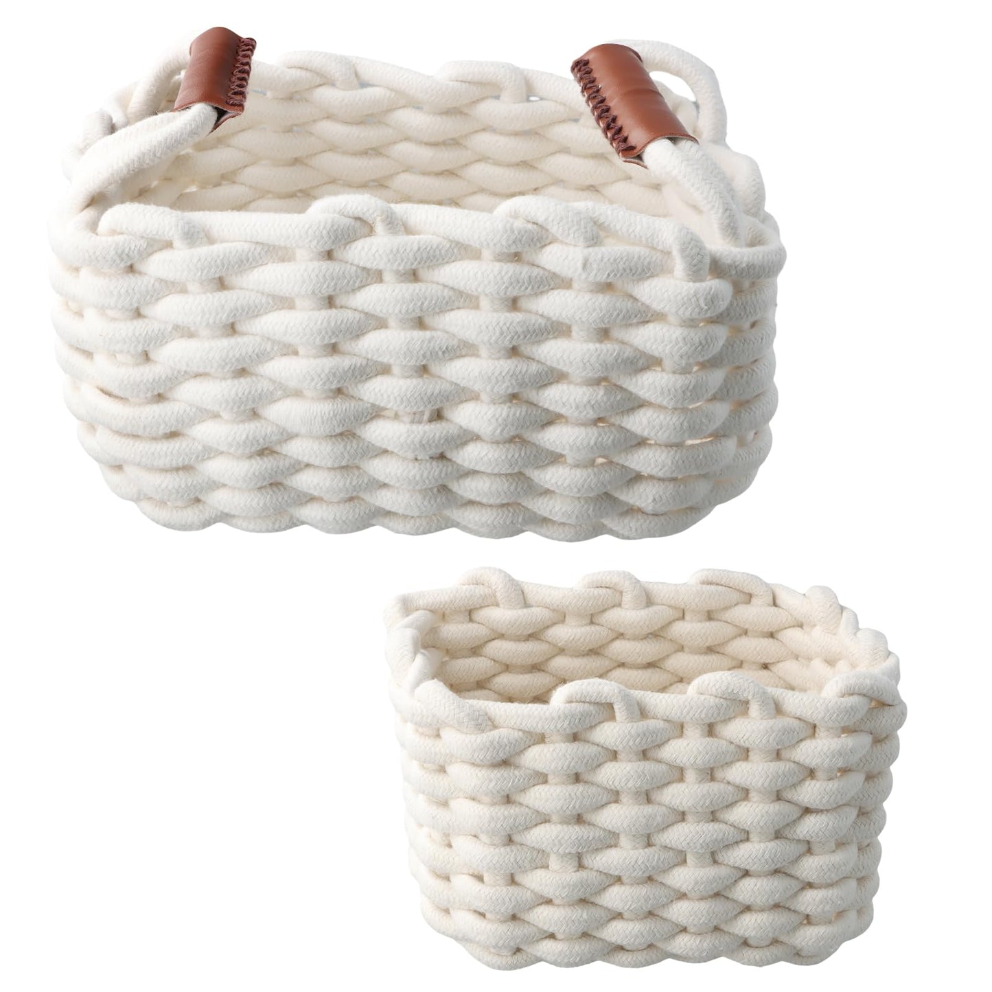 Elegant Braided Storage Basket Set of 2 – Washable and Foldable Cotton Rope Organiser Baskets with Leather Handles for Accessories, Cosmetics