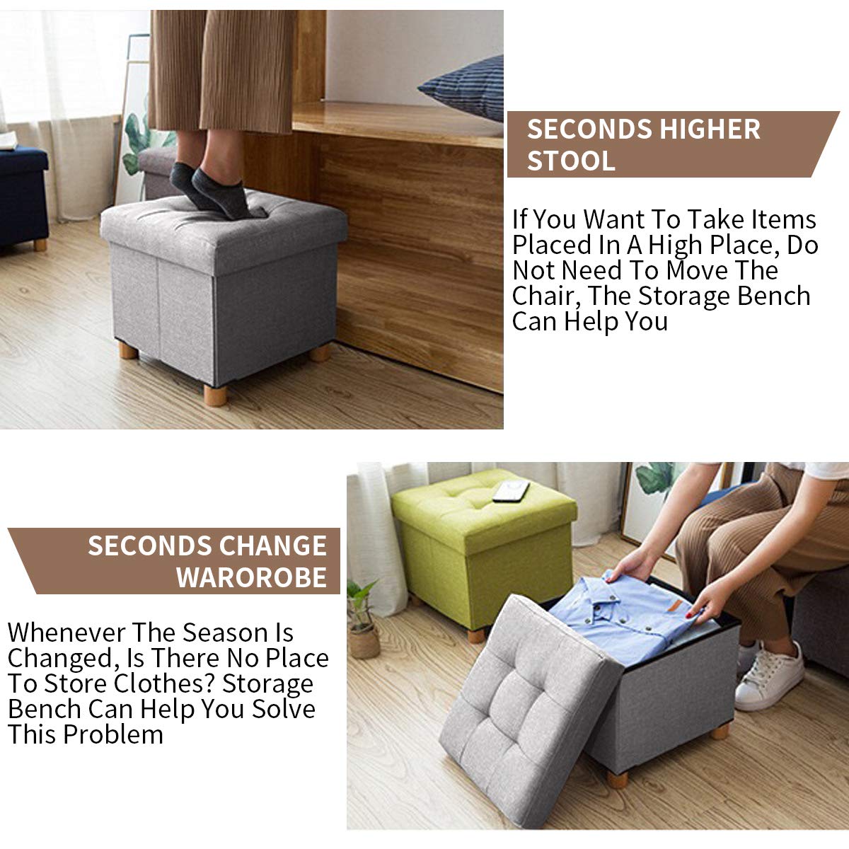 BRIAN & DANY Folding Ottoman Storage Box with Wood Legs, Linen Foot Stool, Footstool with Storage, Highly Elastic Sponge Filling, Light Gray, 38 x 38