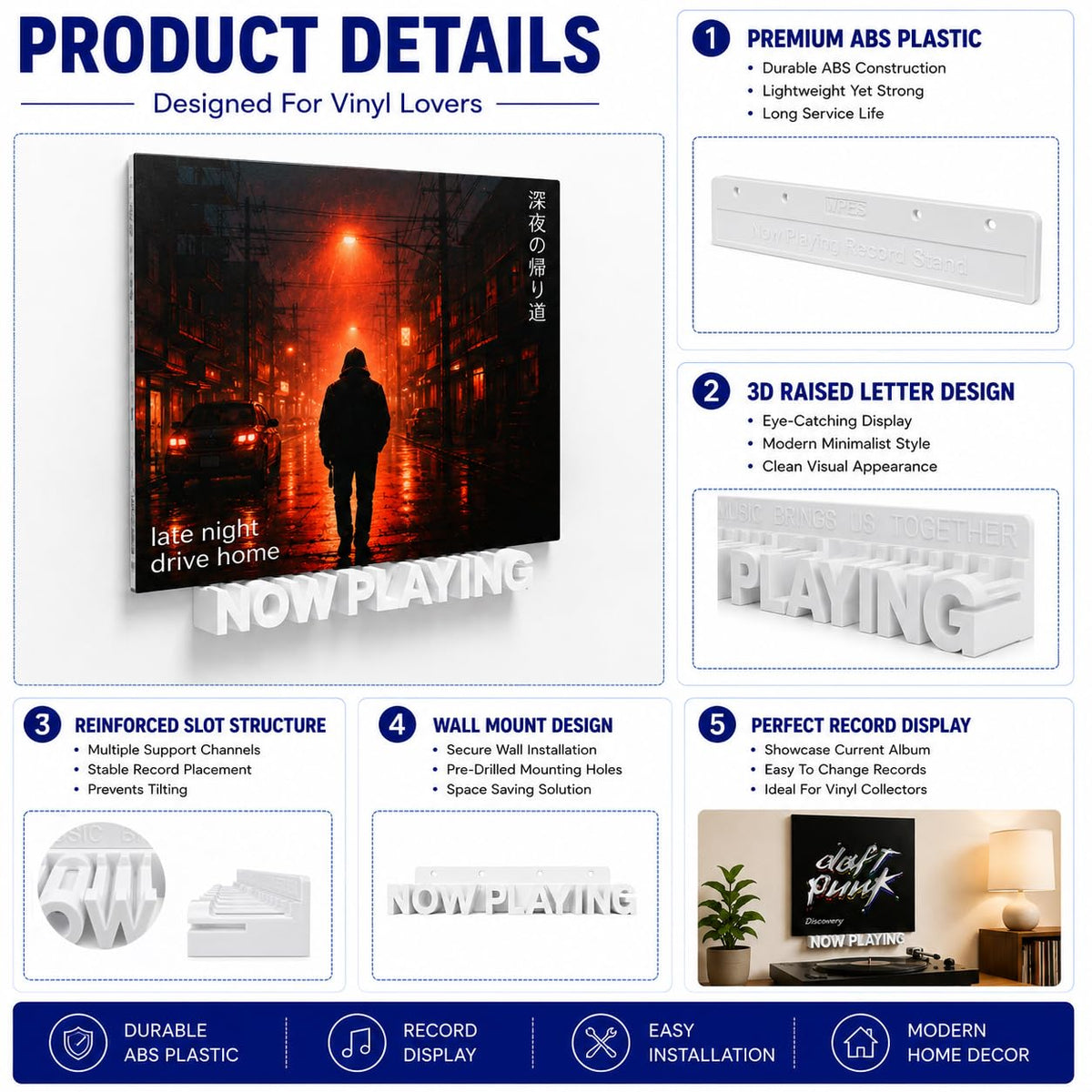 WPESI Now Playing Vinyl Record Stand, Wall Mount Display for Albums - Hanging Record Storage Holder (White)
