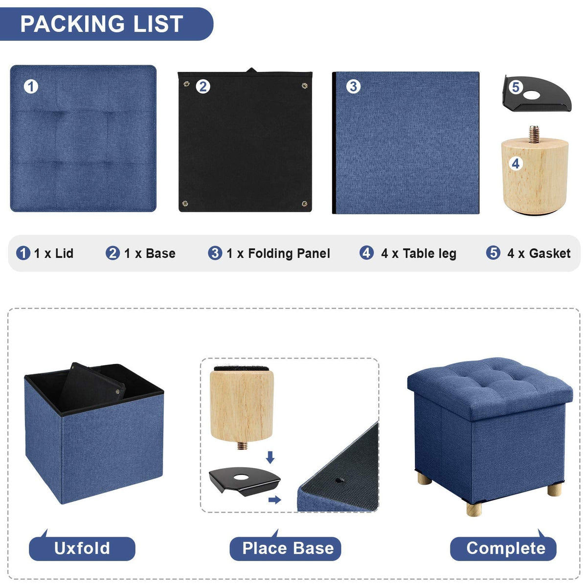 BRIAN & DANY Folding Ottoman Storage Box with Wood Legs, Linen Foot Stool, Footstool with Storage, Highly Elastic Sponge Filling, Navy Blue, 38 x 38 x