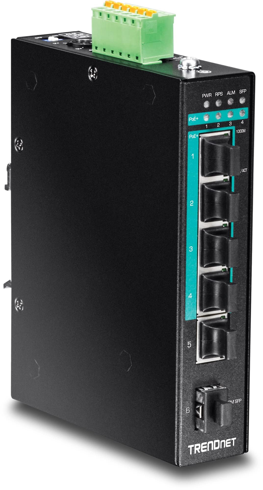 TRENDnet 5-Port Hardened Industrial Gigabit PoE+ DIN-Rail Switch, TI-PG541, 120 W Power Budget, 1 x SFP Slot, IP30 Rated Ethernet Unmanaged Switch,