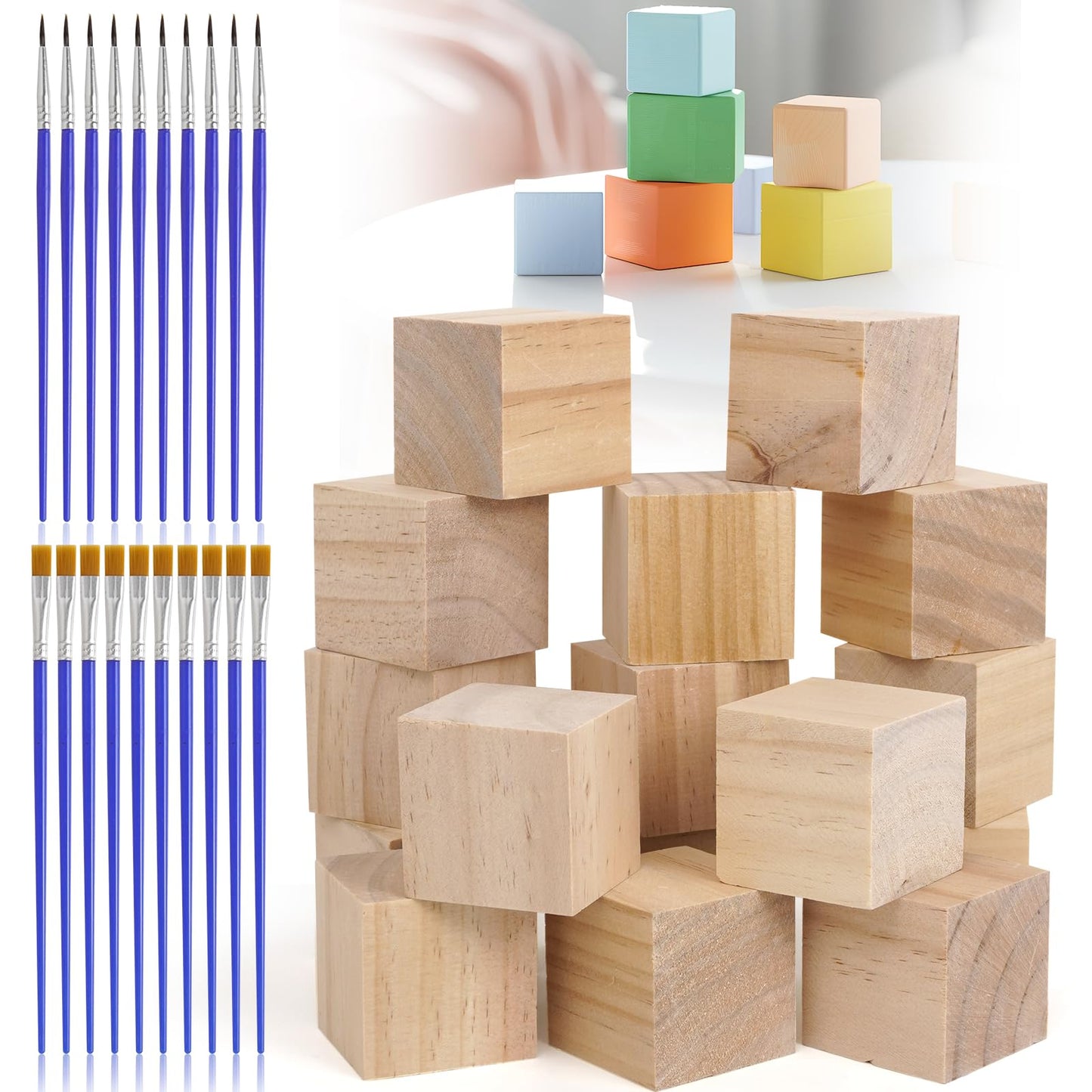 16 Natural Wooden Blocks, 5x5x5CM Solid Wood Square Blocks, Unfinished Smooth Wooden Cube, SquareWood Blocks Cubes with 2 Sets of Drawing Pens,