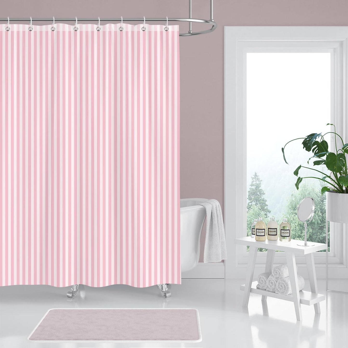 Hopomoon Pink and White Striped Shower Curtain,Vintage Pink Vertical Striped Geometric Waterproof Polyester Fabric Bath Curtain with 12 Hooks 72 x 72