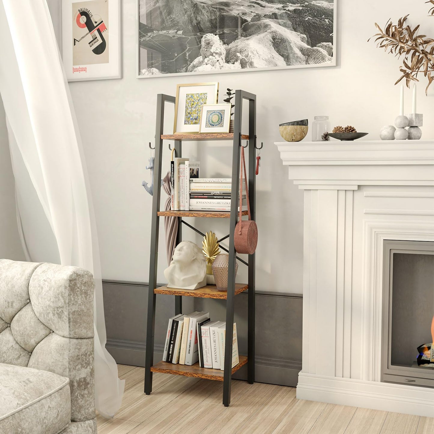 YMYNY 4 Tier Ladder Bookshelf, Height 125CM Bookcase, Freestanding Storage Organiser Shelves, Shelving Unit for Living Room Bedroom, Kitchen, Plant