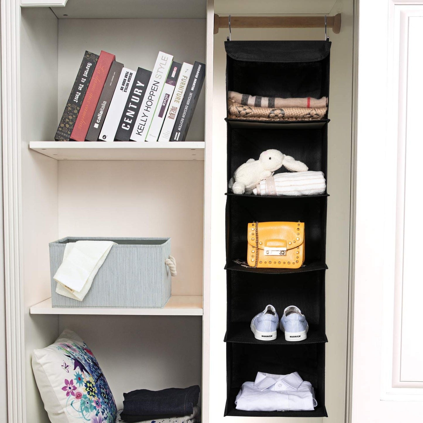 BrilliantJo Hanging Wardrobe Storage with 5 Shelves Heavy Duty Organiser Storage Unit with 6 Pockets Pockets for Sweaters, Shoes, Accessories