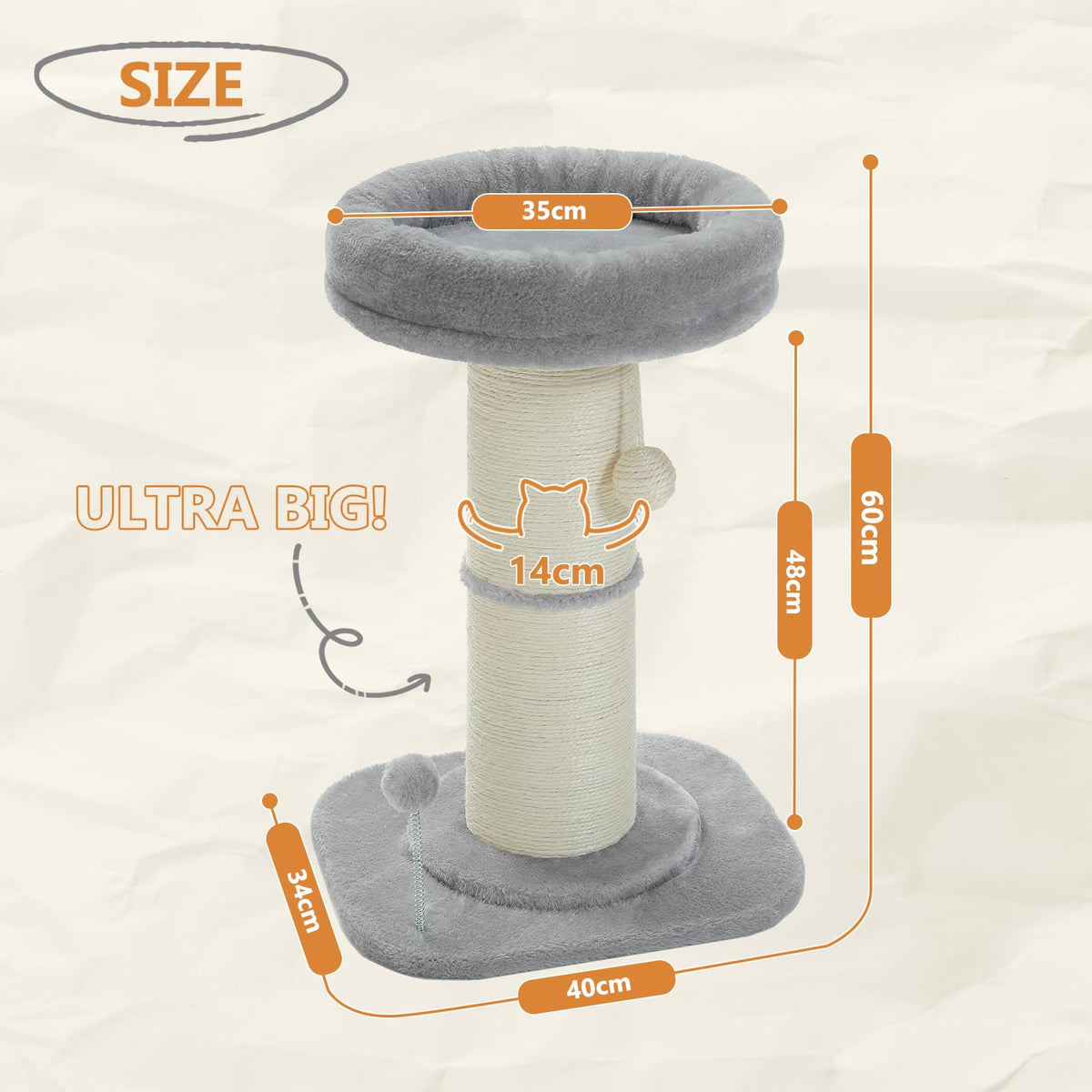 PAWZ Road Cat Scratching Post, Tall Cat Scratcher for Indoor Cats with Super Thick Scratching Post [Dia=14cm], Removable Fluffy Cat Bed, Cat Scratch