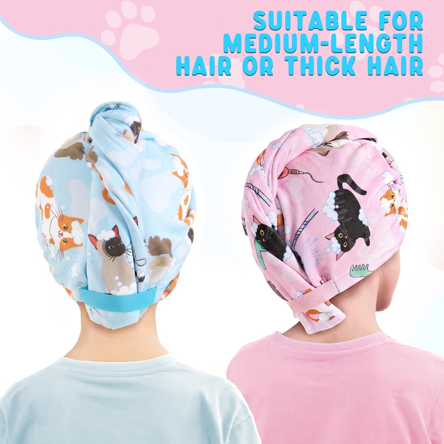 WAWSAM 2 Pack Kids Hair Towel Wrap for Girls, Microfibre Hair Turban Towel Fast Drying, Hair Towel Wrap with Elastic Strap for Long Hair