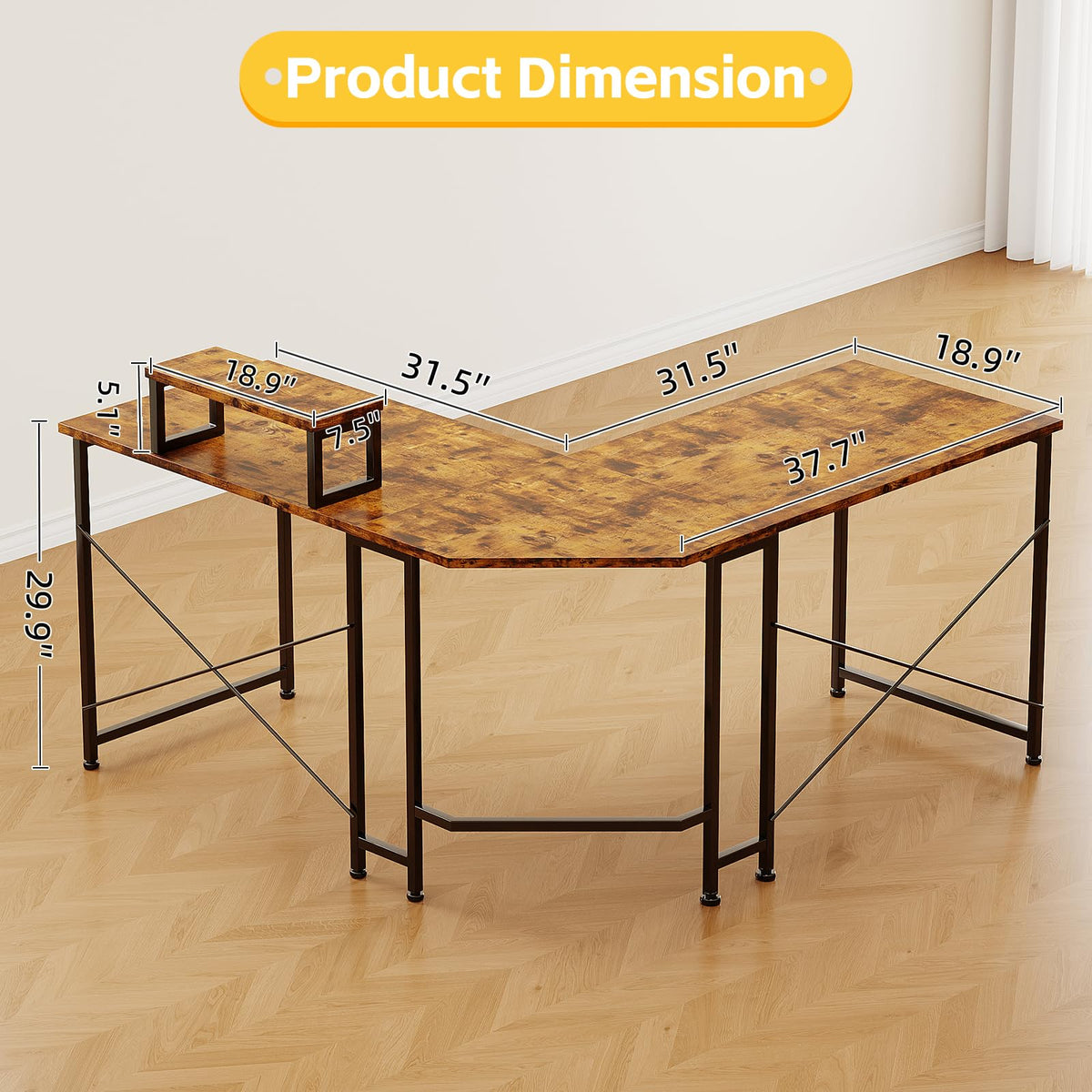 CAIYUN Corner Desk, 50" L Shaped Gaming Desk with Removable Monitor Stand, Computer Desk for Home Office, Metal Frame, Brown