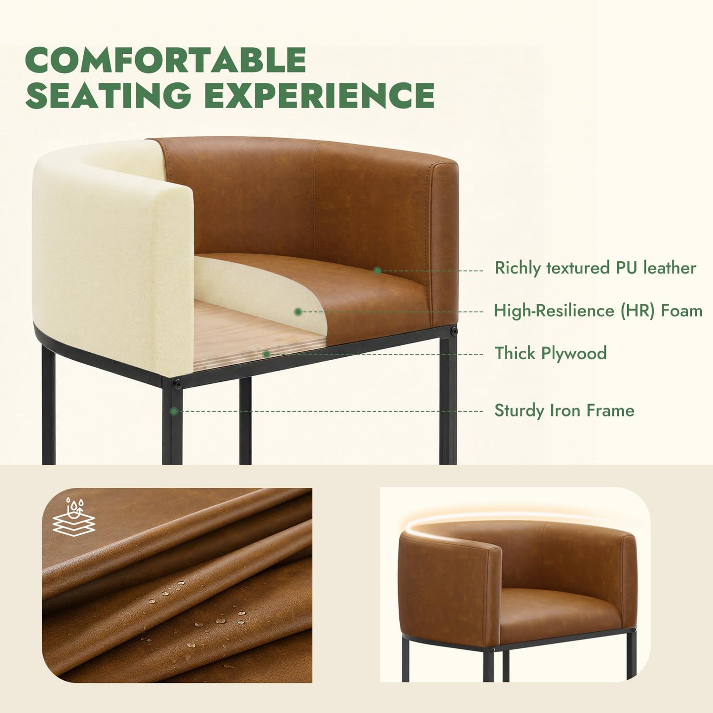 KRAMZMING Counter Height Bar Stools Set of 2, 24 Inch Faux Leather, Brown