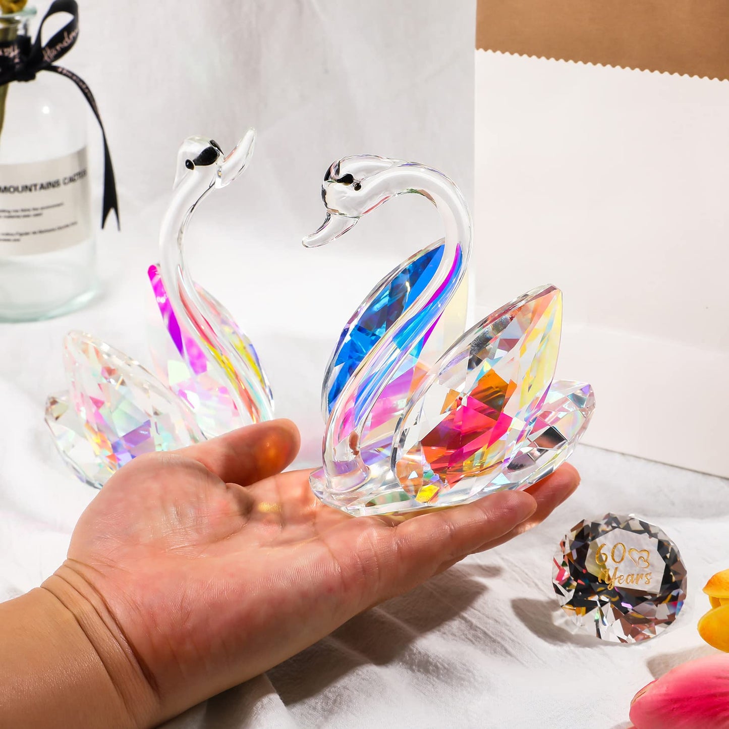 Set of 2 Crystal Colorful Swans 60th Wedding Anniversary Diamond Gifts for Couples, 60 Years Marriage Glass Figurines Collectibles 60th Anniversary