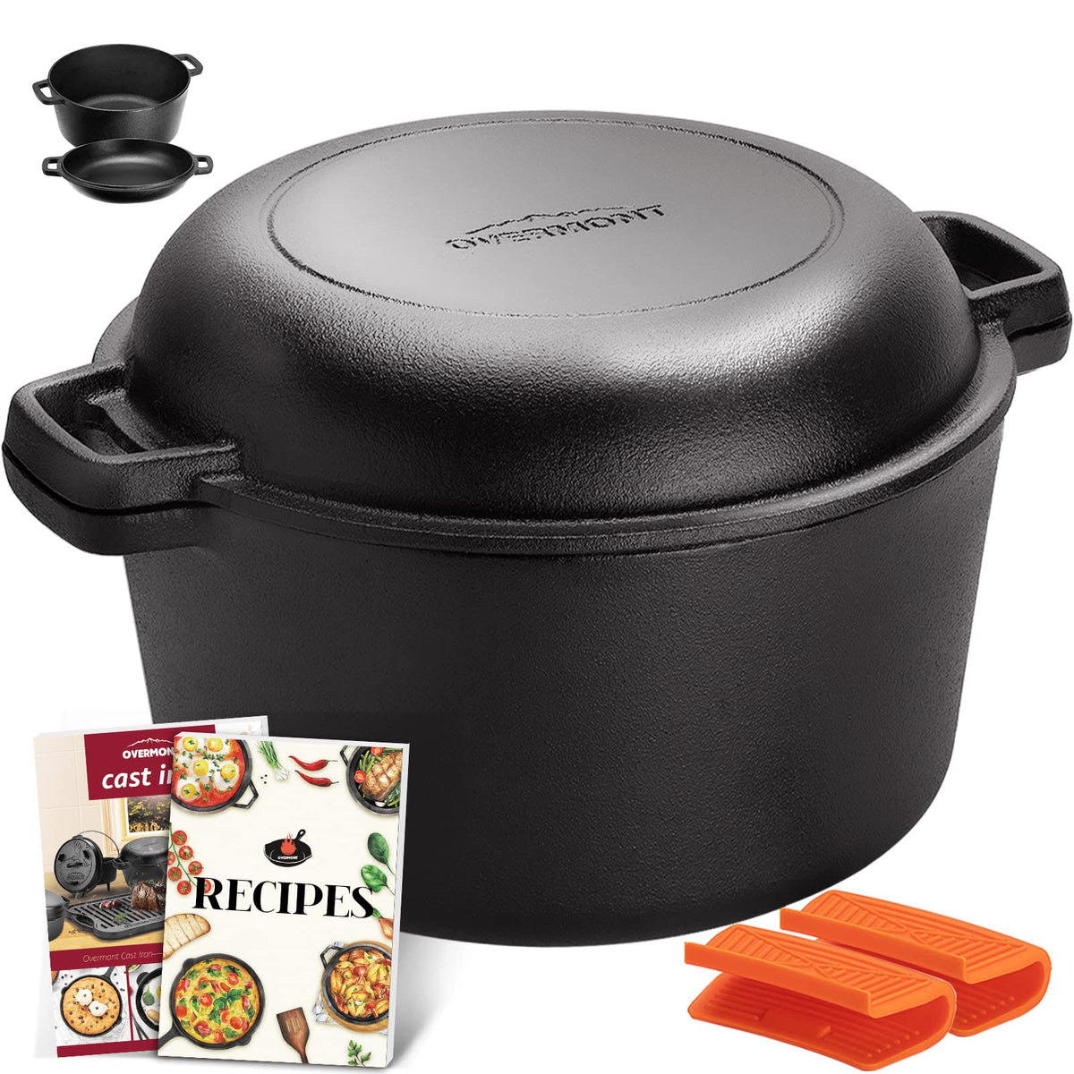 Overmont 2 in 1 Cast Iron Dutch Oven with Cookbook Recipe 5 QT Dutch Oven Pot + 1.6 QT Dual Function Skillet Lid Pre Seasoned with Handle Covers for