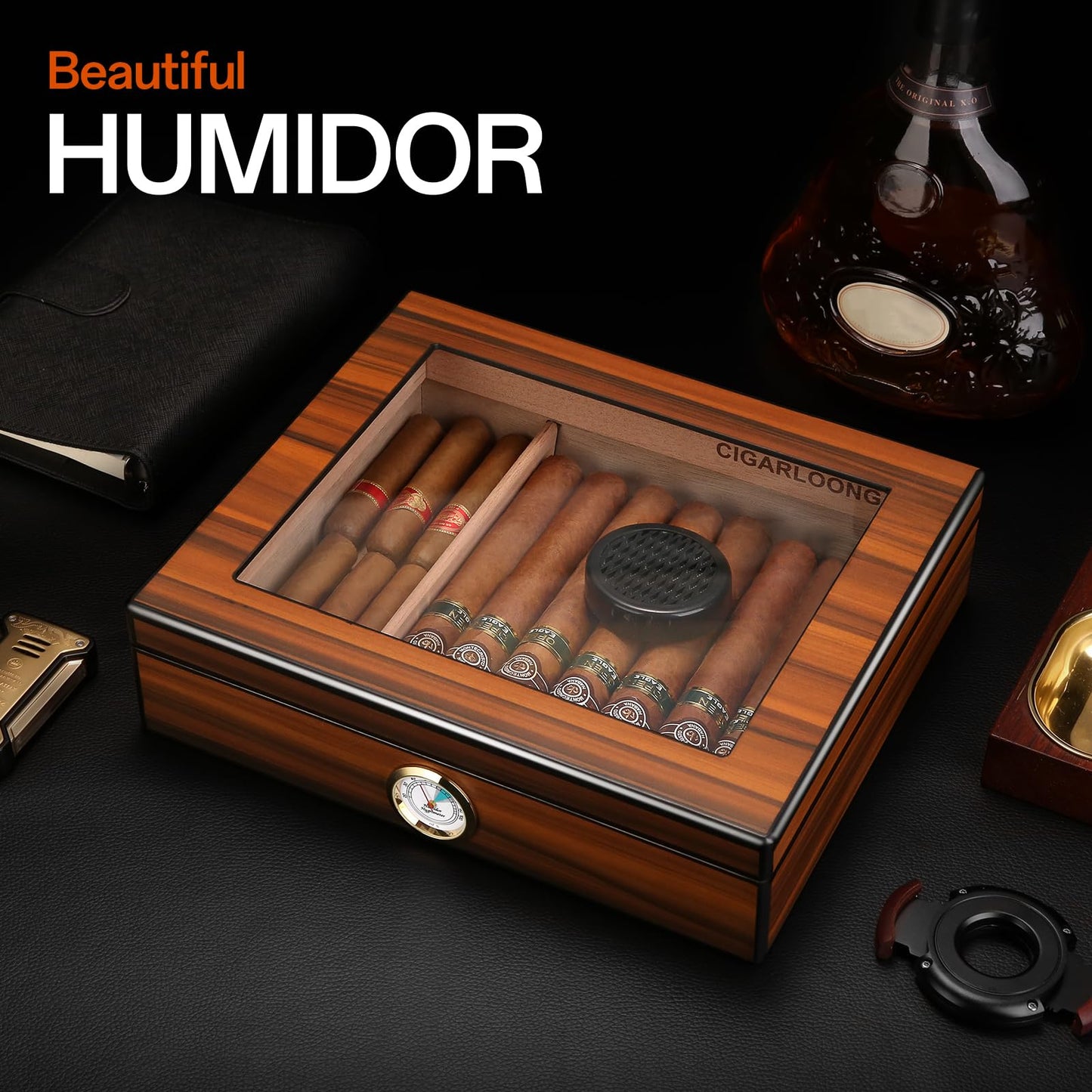CIGARLOONG Cigar Humidor Brown 20-25 Desktop Cedar Wood Lined Cigar Storage Box with Hygrometer and Humidifier