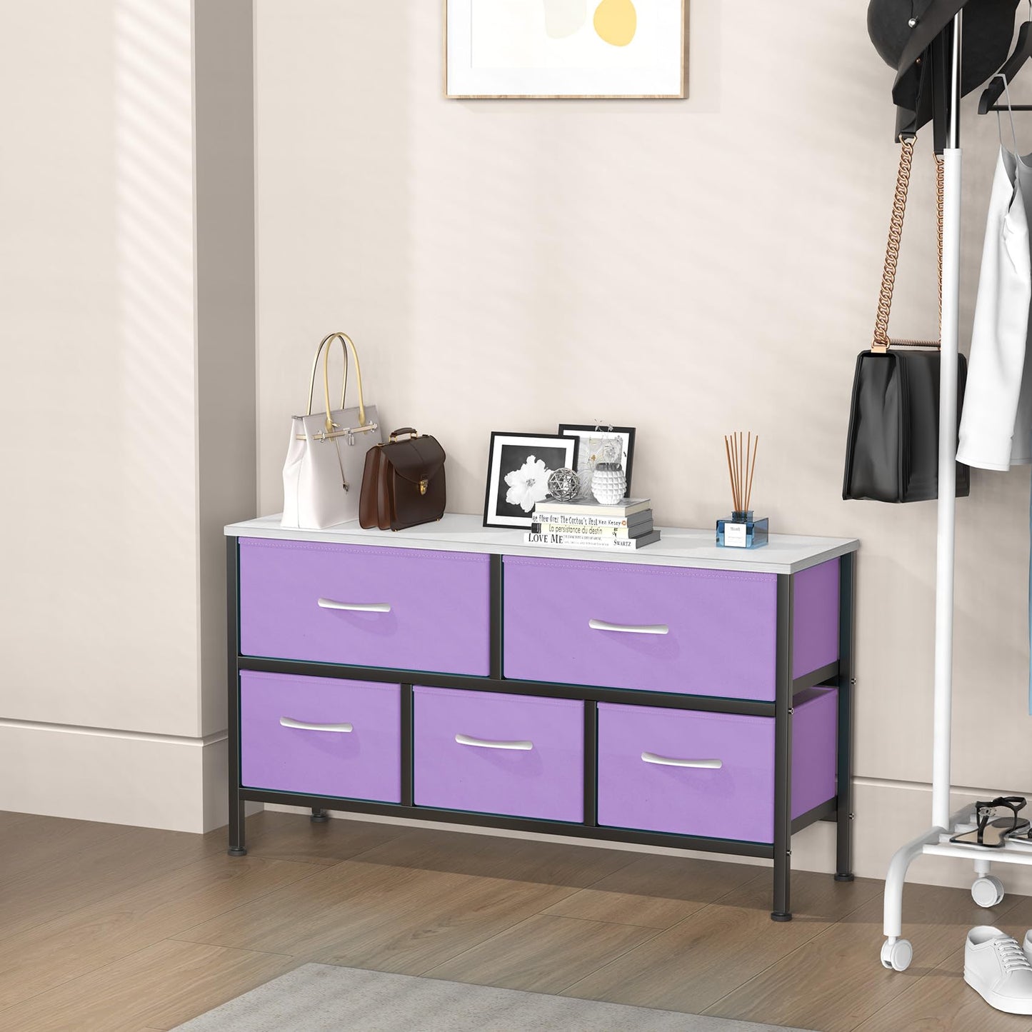 Feonase Bedroom Chest of Drawers, 5 Fabric Drawers Dresser with Metal Frame and MDF Top Board, Modern Storage Unit for Bedroom Living room, Entryway