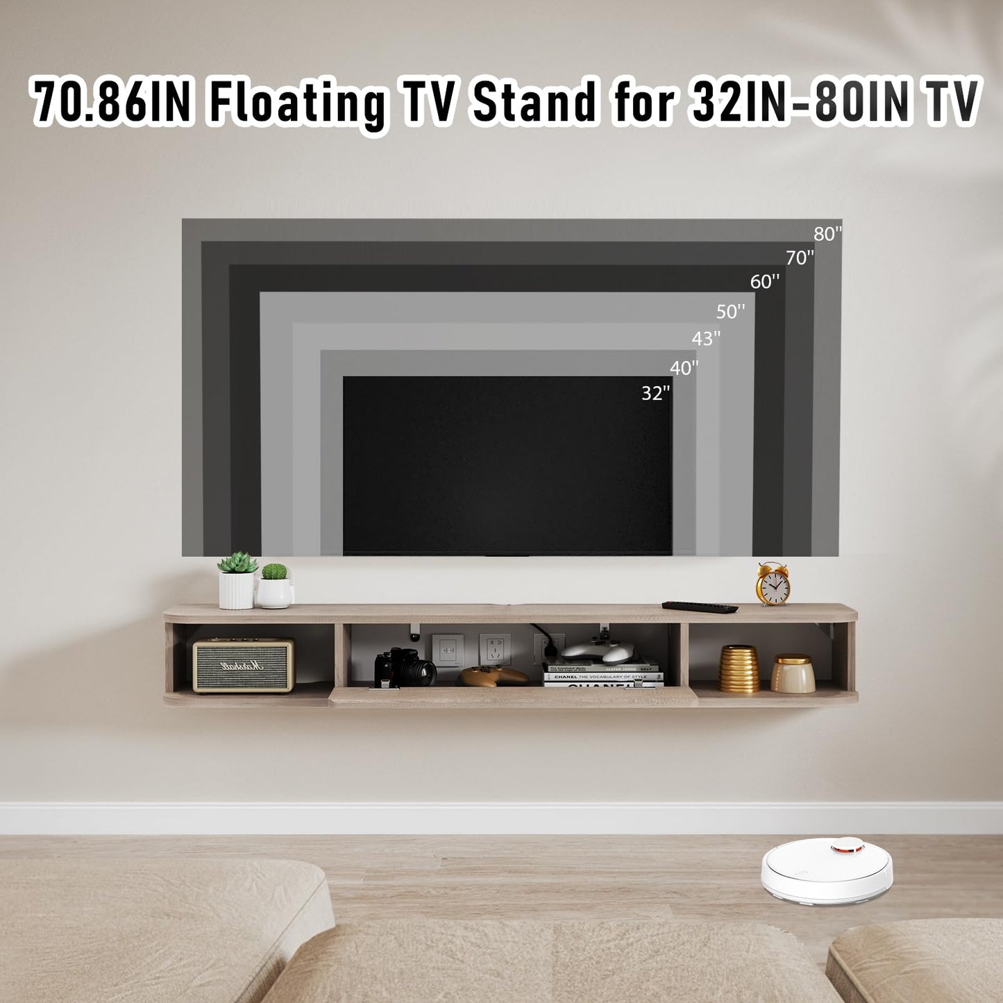 Pmnianhua Floating TV Shelf, Wall Mounted TV Cabinet, Floating Shelves with Door, Modern Entertainment Media Console Center Large Storage Under TV