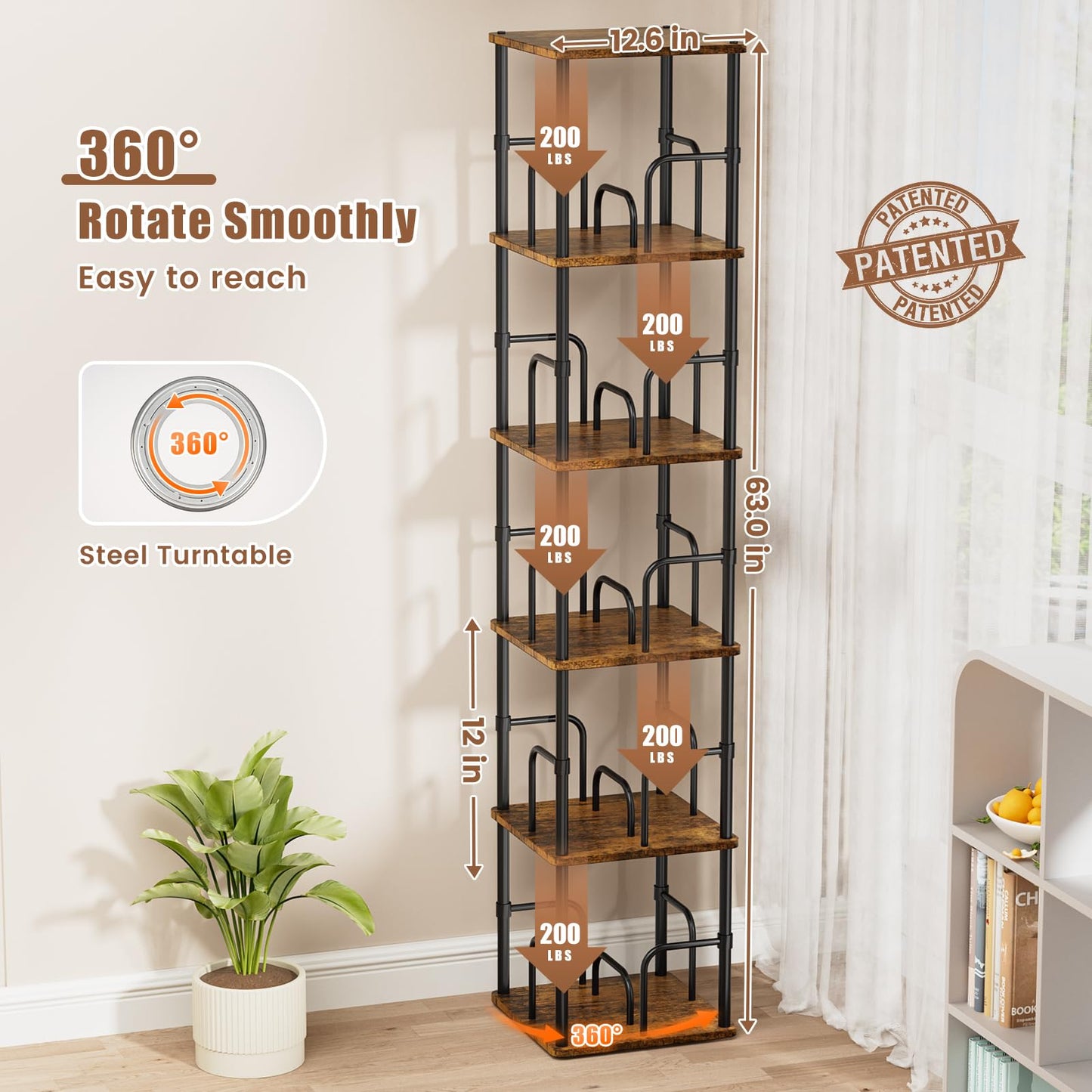 5 Tier Square Rotating Bookshelf, 360° Corner Bookshelf Tower, Small Size Revolving Bookcase with Adjustable Levels