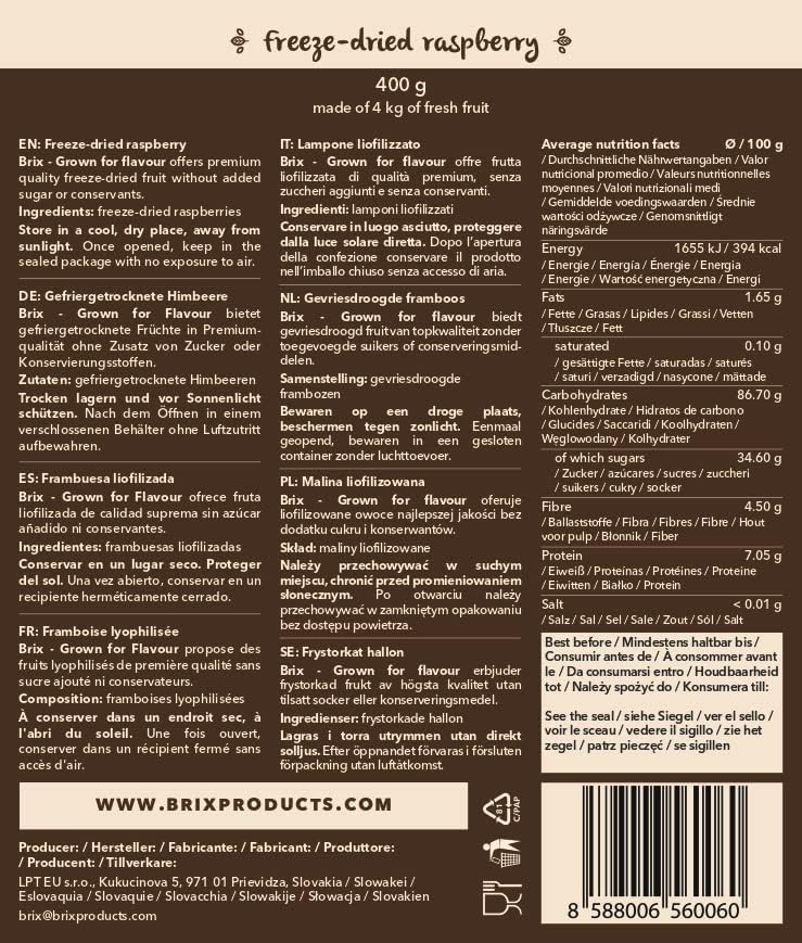 BRIX Freeze Dried Raspberry | 100% Natural Dried Whole Raspberries 400g | Great Taste Award Dried Fruit | Non-GMO, Gluten Free, Vegan & Vitamins Retained