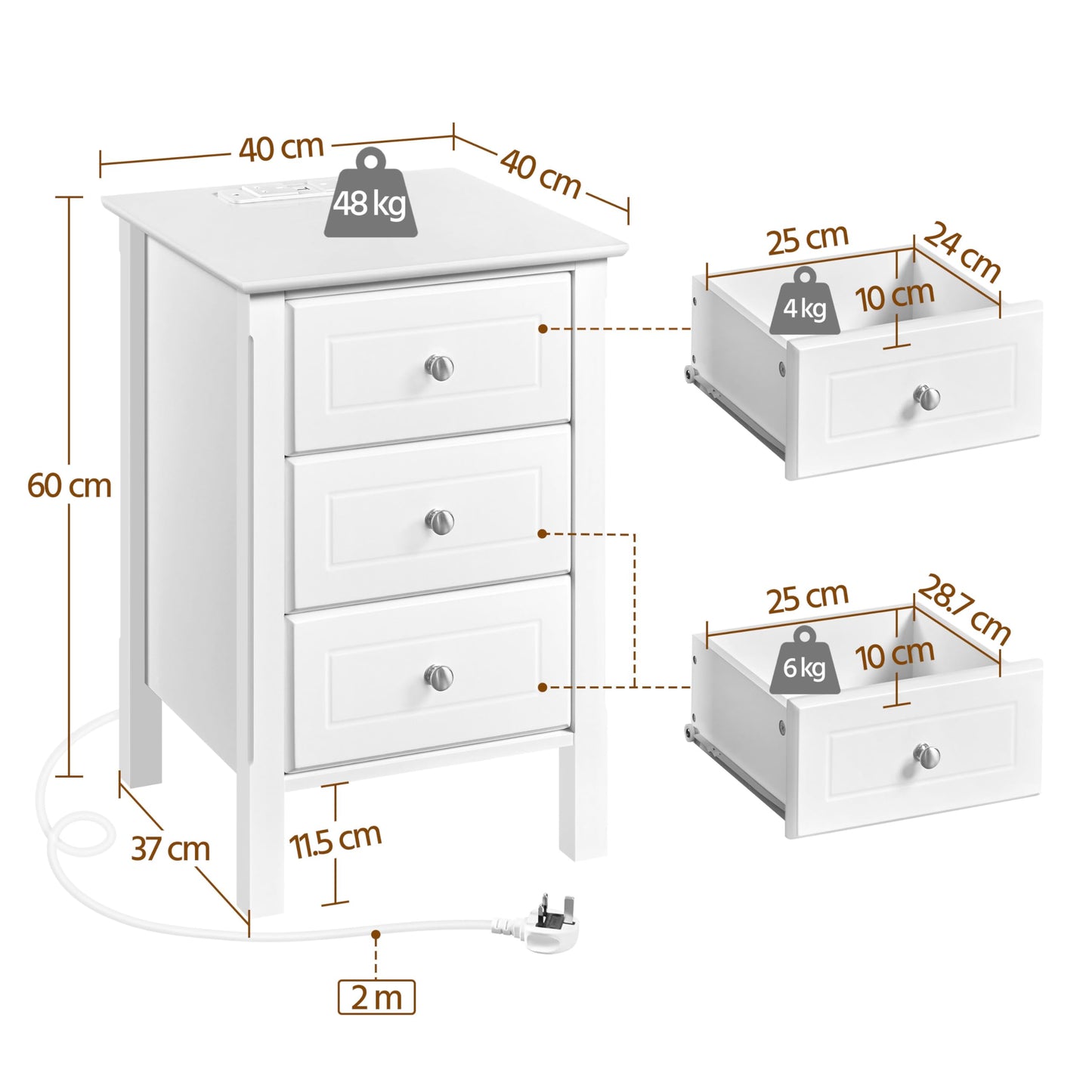 Yaheetech Charging Bedside Table with 3 Drawers, White