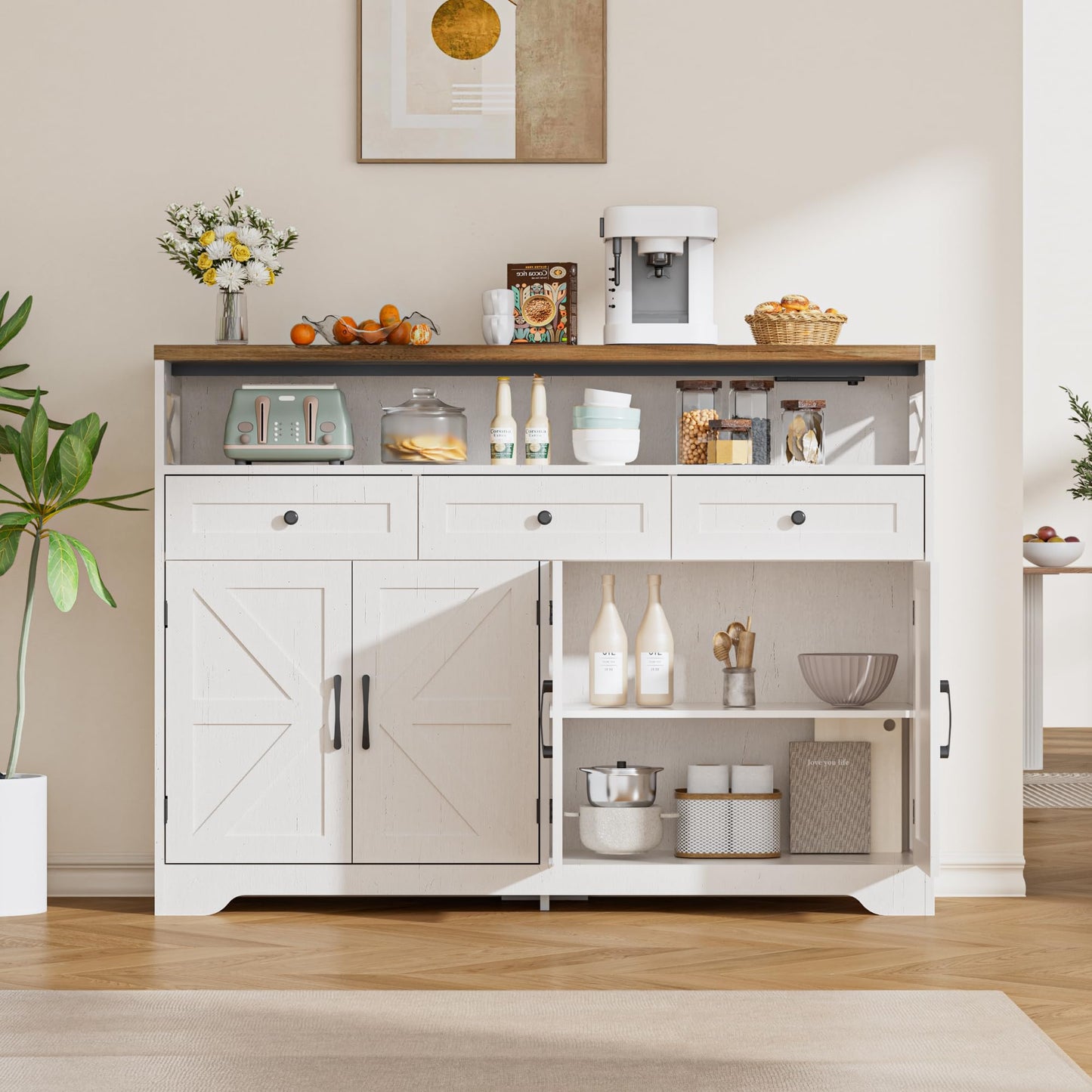 BonVache Sideboards Cabinet with Power Outlets,Wooden Storage Sideboard with Adjustable Shelf,3 Drawers and Open Shelf,Buffet Cupboard for Living