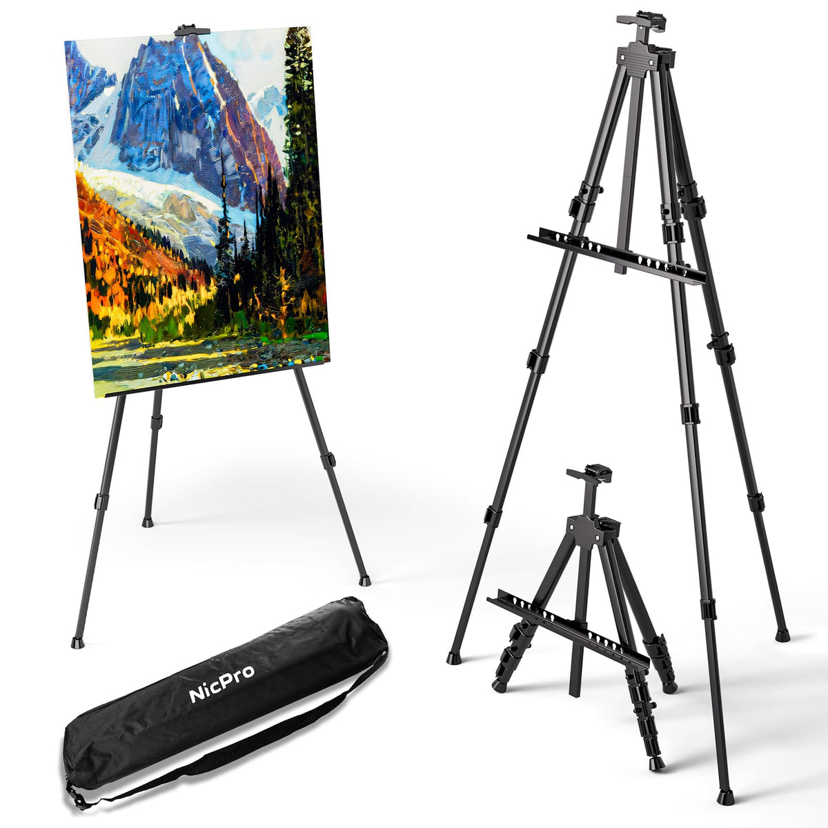 Nicpro Art Easel for Sign, Black Aluminum Metal Tripod Stand - Adjustable Height 17 to 66" for Table-Top/Floor Painting, Drawing, Display, Poster,