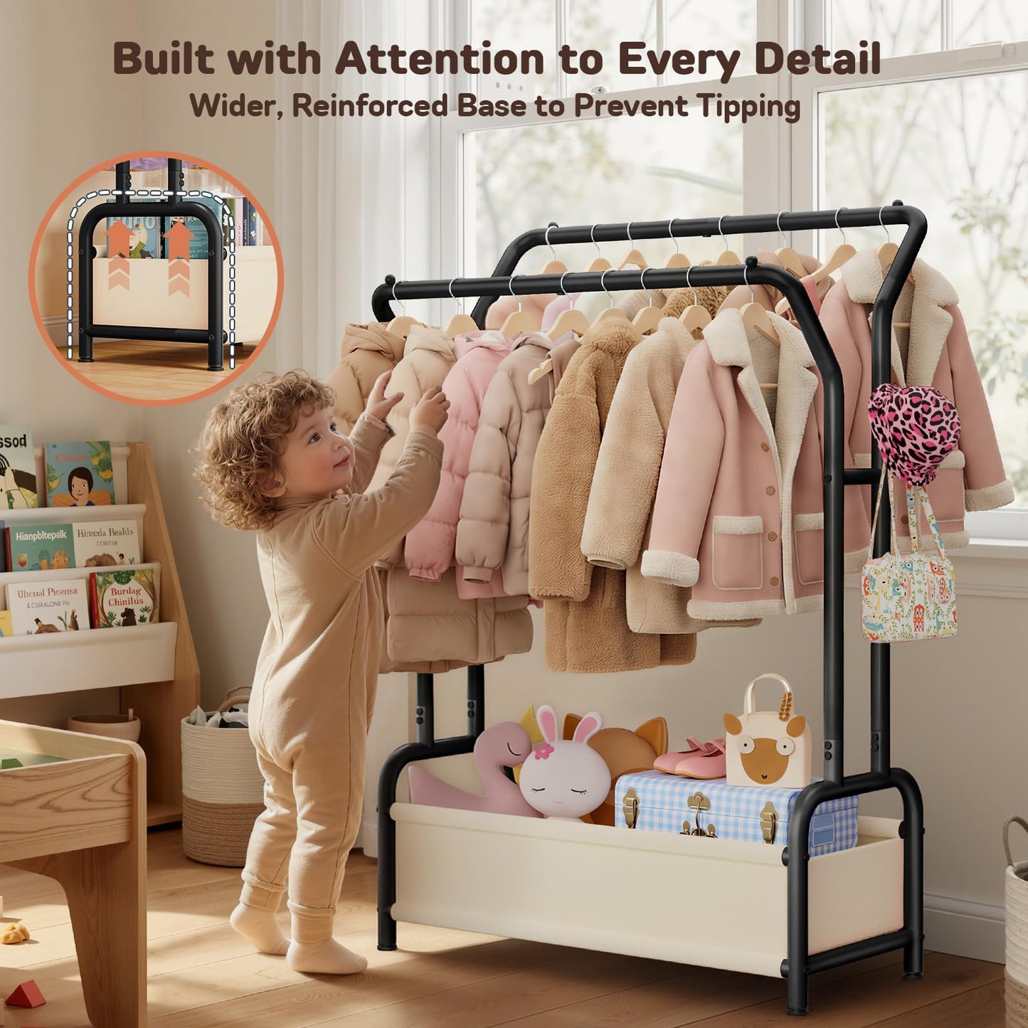 ZHKINGGS Kids Clothes Rail with Dual Rods & Storage Basket